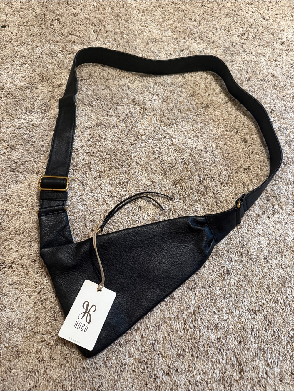 HOBO Black Pebbled Leather Triangular Sling Bag with Gold Hardware